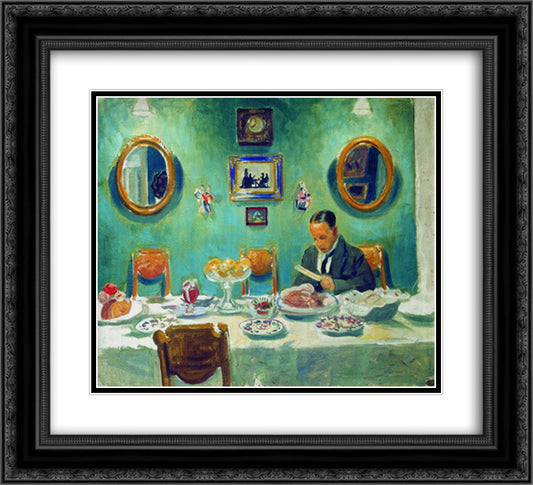 Portrait of M.V. Dobuzhinsky at the table 22x20 Black Ornate Wood Framed Art Print Poster with Double Matting by Kustodiev, Boris