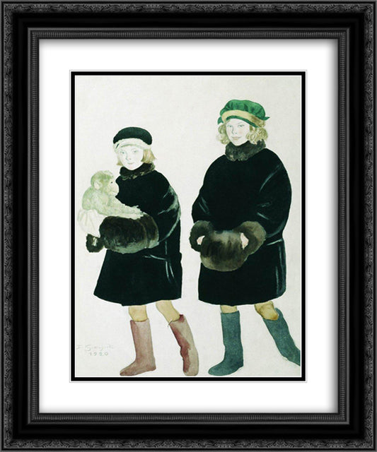 Portrait of Martha and Marina Chaliapin 20x24 Black Ornate Wood Framed Art Print Poster with Double Matting by Kustodiev, Boris