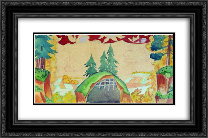 Sketch of decorations for puppet show The Rooster - Gold Scallop 24x16 Black Ornate Wood Framed Art Print Poster with Double Matting by Kustodiev, Boris