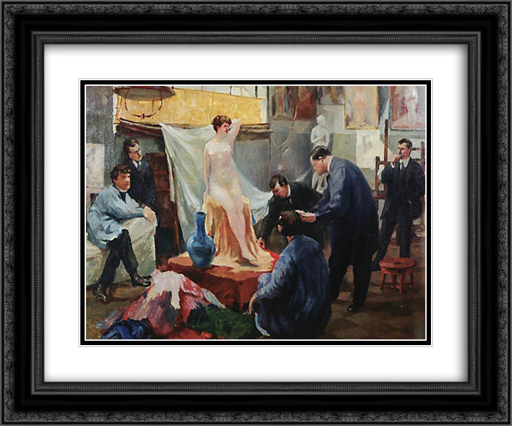 Statement of the model in the studio of Ilya Repin 24x20 Black Ornate Wood Framed Art Print Poster with Double Matting by Kustodiev, Boris