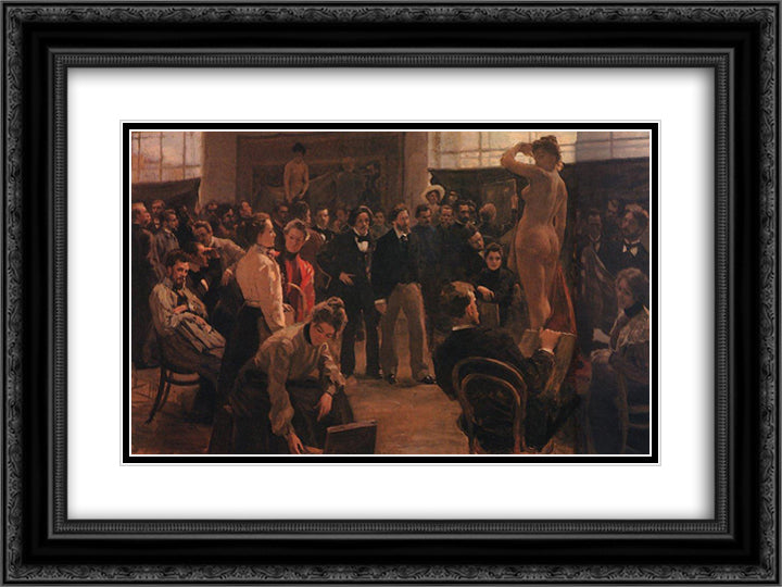 Statement of the model in the studio of Ilya Repin Academy of Arts 24x18 Black Ornate Wood Framed Art Print Poster with Double Matting by Kustodiev, Boris