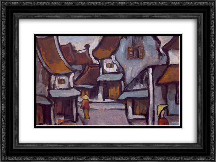 Hanoi Street, ND 24x18 Black Ornate Wood Framed Art Print Poster with Double Matting by Xuan Phai, Bui