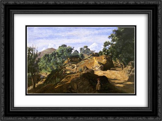 A Chestnut Wood among the Rocks 24x18 Black Ornate Wood Framed Art Print Poster with Double Matting by Corot, Jean Baptiste Camille