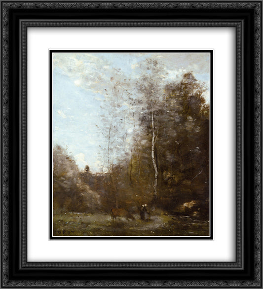 A Cow Grazing beneath a Birch Tree 20x22 Black Ornate Wood Framed Art Print Poster with Double Matting by Corot, Jean Baptiste Camille