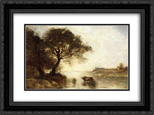 A Ford with Large Trees 24x18 Black Ornate Wood Framed Art Print Poster with Double Matting by Corot, Jean Baptiste Camille