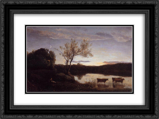 A Pond with three Cows and a Crescent Moon 24x18 Black Ornate Wood Framed Art Print Poster with Double Matting by Corot, Jean Baptiste Camille