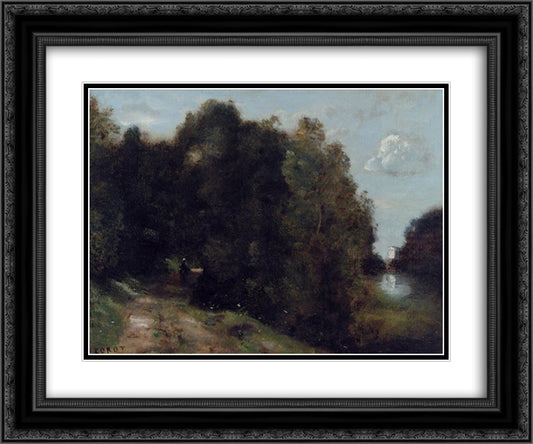A Road through the Trees 24x20 Black Ornate Wood Framed Art Print Poster with Double Matting by Corot, Jean Baptiste Camille