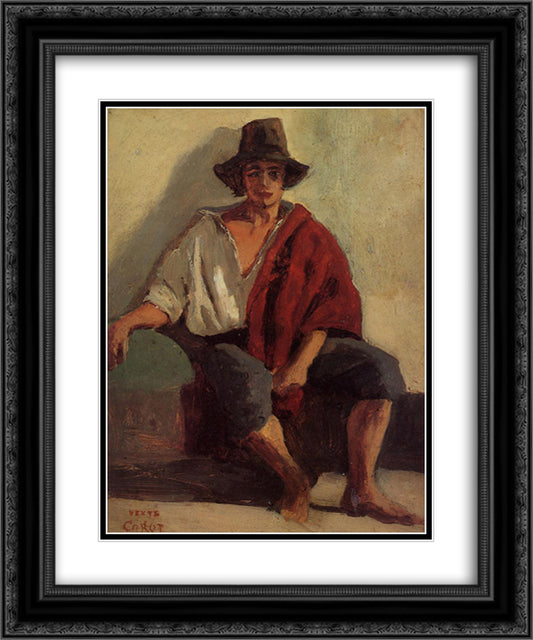 A Seated Italian from Paeigno Facing Front 20x24 Black Ornate Wood Framed Art Print Poster with Double Matting by Corot, Jean Baptiste Camille