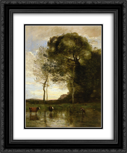 Banks of a Pond in Normandy 20x24 Black Ornate Wood Framed Art Print Poster with Double Matting by Corot, Jean Baptiste Camille