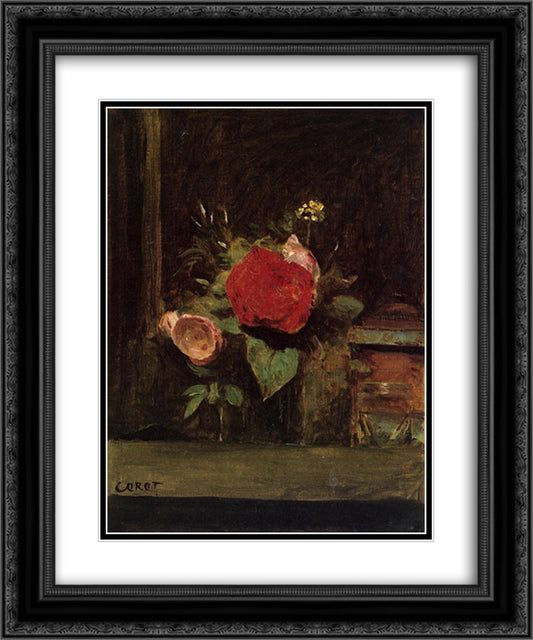 Bouquet of Flowers in a Glass beside a Tobacco Pot 20x24 Black Ornate Wood Framed Art Print Poster with Double Matting by Corot, Jean Baptiste Camille