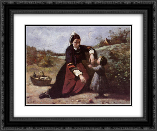 Breton Woman and her Little Girl 24x20 Black Ornate Wood Framed Art Print Poster with Double Matting by Corot, Jean Baptiste Camille