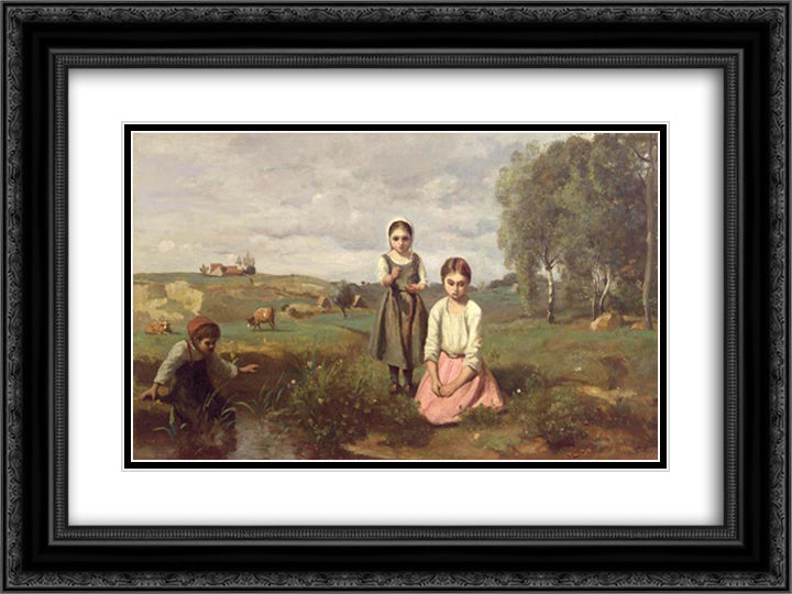 Children beside a brook in the countryside, Lormes 24x18 Black Ornate Wood Framed Art Print Poster with Double Matting by Corot, Jean Baptiste Camille