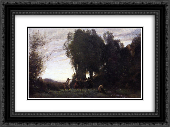 Circle of Nymphs, Morning 24x18 Black Ornate Wood Framed Art Print Poster with Double Matting by Corot, Jean Baptiste Camille
