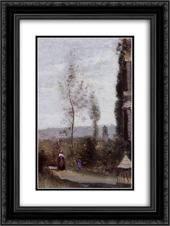 Coulommiers, The Garden of M. Preschez 18x24 Black Ornate Wood Framed Art Print Poster with Double Matting by Corot, Jean Baptiste Camille