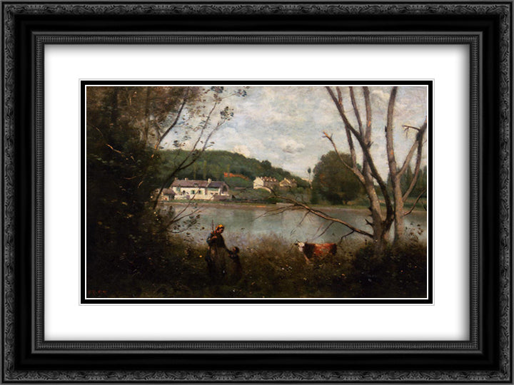 Cowherd and Her Child 24x18 Black Ornate Wood Framed Art Print Poster with Double Matting by Corot, Jean Baptiste Camille