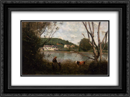 Cowherd and Her Child 24x18 Black Ornate Wood Framed Art Print Poster with Double Matting by Corot, Jean Baptiste Camille