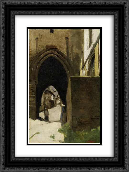 Dinan, a gate of the town 18x24 Black Ornate Wood Framed Art Print Poster with Double Matting by Corot, Jean Baptiste Camille