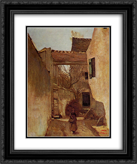 Ecouen, Corner of the Village 20x24 Black Ornate Wood Framed Art Print Poster with Double Matting by Corot, Jean Baptiste Camille