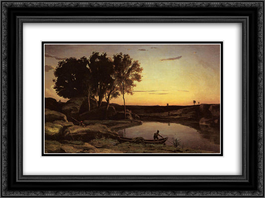 Evening Landscape (The Ferryman, Evening) 24x18 Black Ornate Wood Framed Art Print Poster with Double Matting by Corot, Jean Baptiste Camille