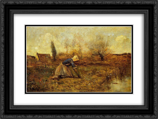 Farmer Kneeling Picking Dandelions 24x18 Black Ornate Wood Framed Art Print Poster with Double Matting by Corot, Jean Baptiste Camille