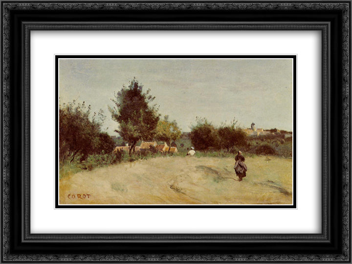 Field above the Village (Marcoussis) 24x18 Black Ornate Wood Framed Art Print Poster with Double Matting by Corot, Jean Baptiste Camille