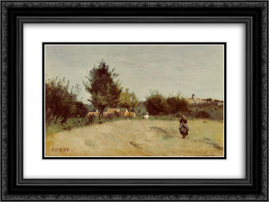 Field above the Village (Marcoussis) 24x18 Black Ornate Wood Framed Art Print Poster with Double Matting by Corot, Jean Baptiste Camille