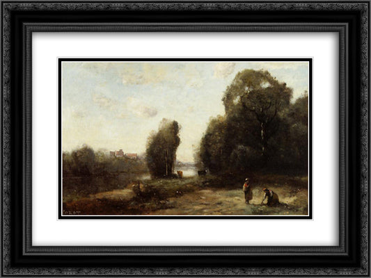 Field by a River 24x18 Black Ornate Wood Framed Art Print Poster with Double Matting by Corot, Jean Baptiste Camille