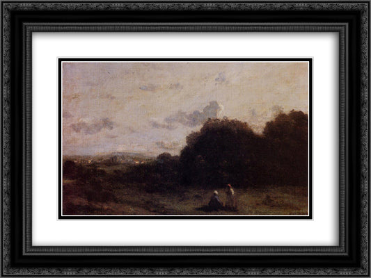 Fields with a Village on the Horizon, Two Figures in the Foreground 24x18 Black Ornate Wood Framed Art Print Poster with Double Matting by Corot, Jean Baptiste Camille