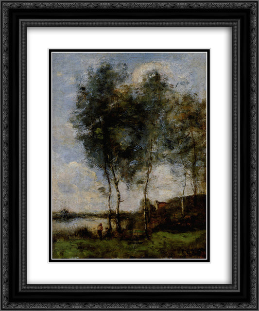 Fisherman at the River Bank 20x24 Black Ornate Wood Framed Art Print Poster with Double Matting by Corot, Jean Baptiste Camille
