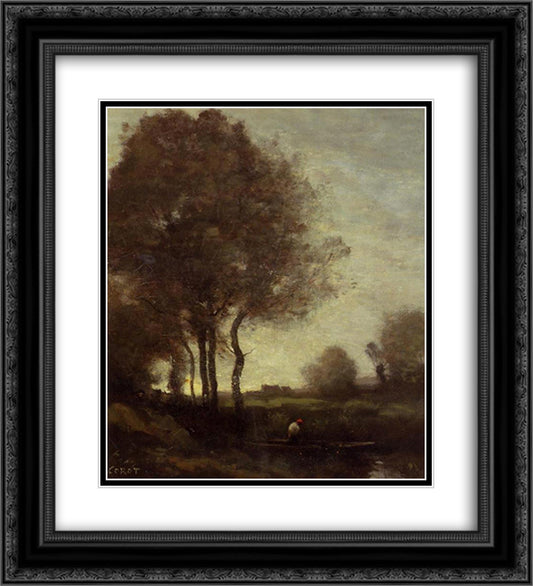 Fishermen in a Boat 20x22 Black Ornate Wood Framed Art Print Poster with Double Matting by Corot, Jean Baptiste Camille