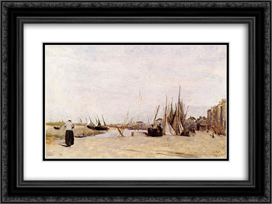 Fishermen s Quay, Trouville 24x18 Black Ornate Wood Framed Art Print Poster with Double Matting by Corot, Jean Baptiste Camille