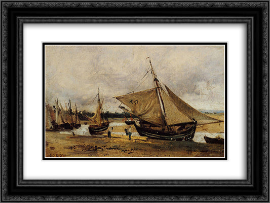 Fishing Boars Beached in the Chanel 24x18 Black Ornate Wood Framed Art Print Poster with Double Matting by Corot, Jean Baptiste Camille