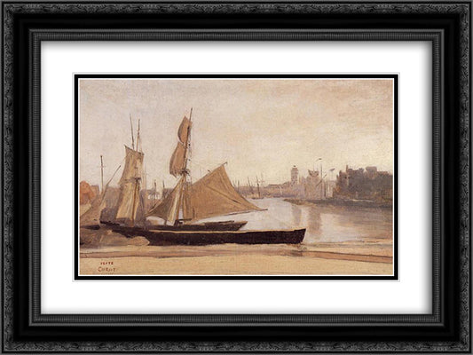 Fishing Boats Tied to the Wharf 24x18 Black Ornate Wood Framed Art Print Poster with Double Matting by Corot, Jean Baptiste Camille