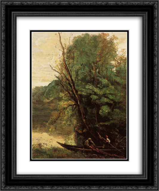 Fishing with Nets 20x24 Black Ornate Wood Framed Art Print Poster with Double Matting by Corot, Jean Baptiste Camille