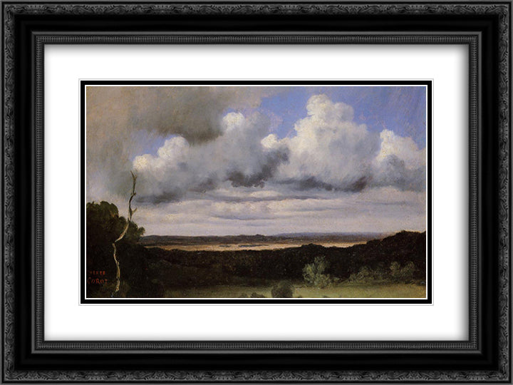 Fontainebleau, Storm over the Plains 24x18 Black Ornate Wood Framed Art Print Poster with Double Matting by Corot, Jean Baptiste Camille