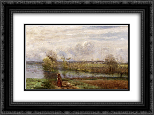 Girl Reading by the Water 24x18 Black Ornate Wood Framed Art Print Poster with Double Matting by Corot, Jean Baptiste Camille
