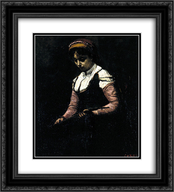 Girl with Mandolin 20x22 Black Ornate Wood Framed Art Print Poster with Double Matting by Corot, Jean Baptiste Camille