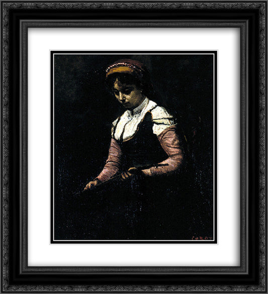 Girl with Mandolin 20x22 Black Ornate Wood Framed Art Print Poster with Double Matting by Corot, Jean Baptiste Camille