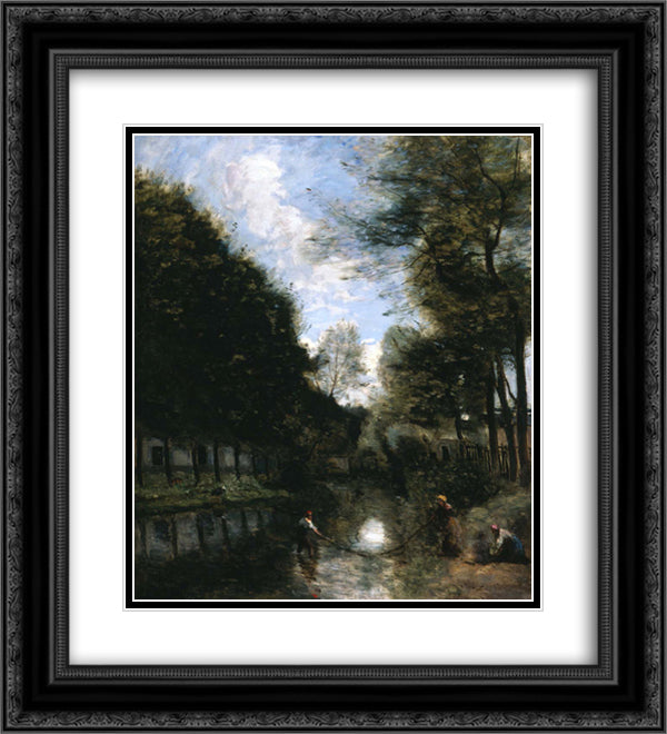 Gisors, River Bordered by Trees 20x22 Black Ornate Wood Framed Art Print Poster with Double Matting by Corot, Jean Baptiste Camille