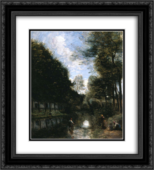 Gisors, River Bordered by Trees 20x22 Black Ornate Wood Framed Art Print Poster with Double Matting by Corot, Jean Baptiste Camille