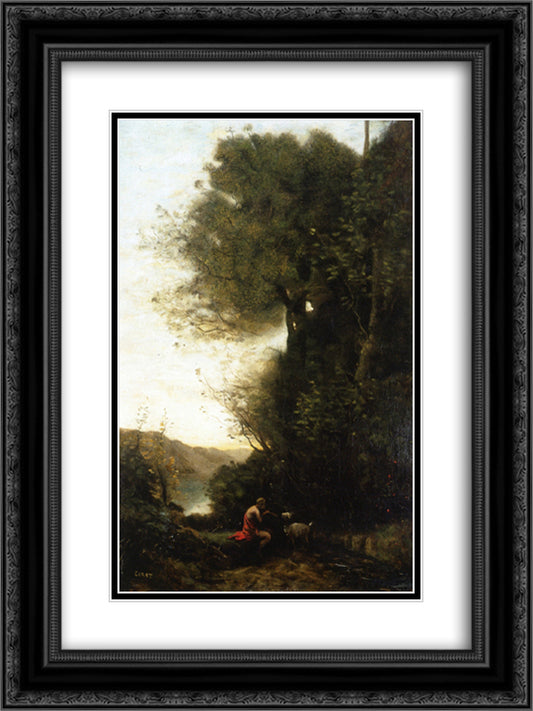Goatherd Charming His Goat with a Flute 18x24 Black Ornate Wood Framed Art Print Poster with Double Matting by Corot, Jean Baptiste Camille
