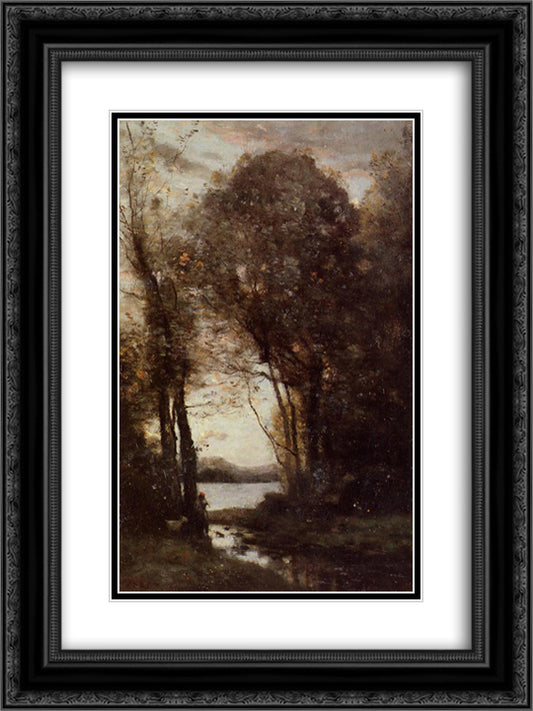 Goatherd Standing, Playing the Flute under the Trees 18x24 Black Ornate Wood Framed Art Print Poster with Double Matting by Corot, Jean Baptiste Camille