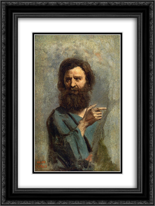 Head of Bearded Man (Study for The Baptism of Christ ) 18x24 Black Ornate Wood Framed Art Print Poster with Double Matting by Corot, Jean Baptiste Camille