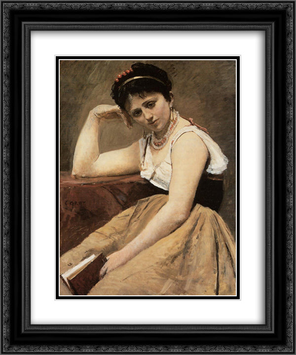 Interrupted Reading 20x24 Black Ornate Wood Framed Art Print Poster with Double Matting by Corot, Jean Baptiste Camille
