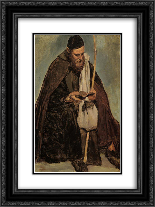 Italian Monk Reading 18x24 Black Ornate Wood Framed Art Print Poster with Double Matting by Corot, Jean Baptiste Camille
