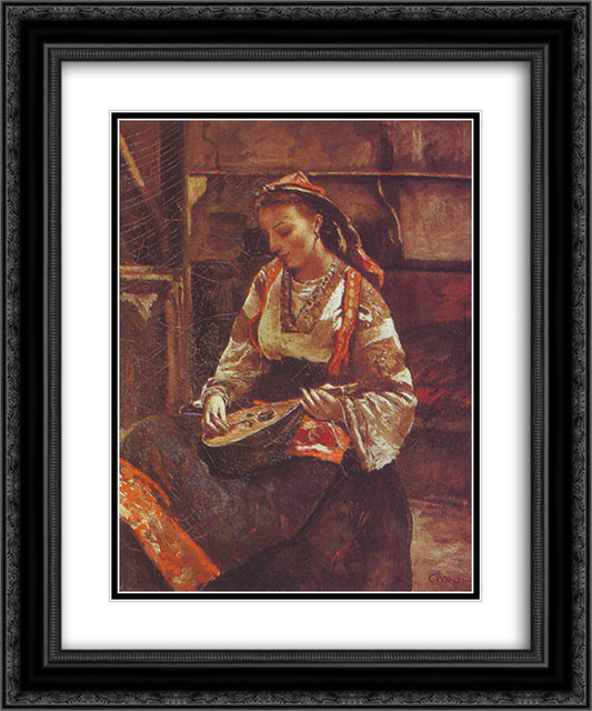 Italian Woman Sitting and Playing the Mandolin 20x24 Black Ornate Wood Framed Art Print Poster with Double Matting by Corot, Jean Baptiste Camille