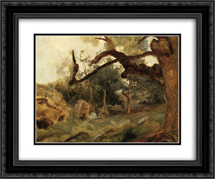 L Arbre Tordu, Les Chenes du Mont Usey, Fontainebleau 24x20 Black Ornate Wood Framed Art Print Poster with Double Matting by Corot, Jean Baptiste Camille