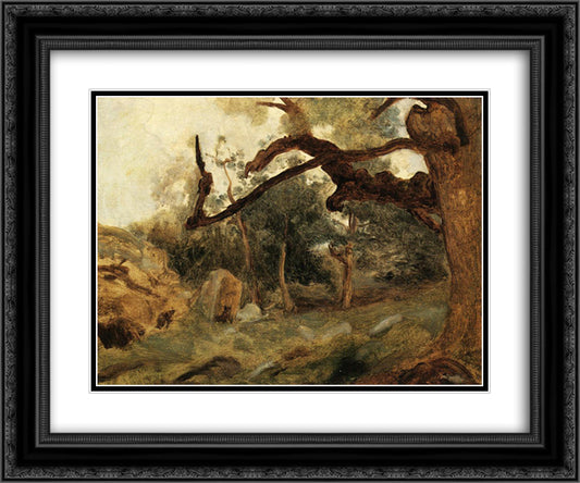 L Arbre Tordu, Les Chenes du Mont Usey, Fontainebleau 24x20 Black Ornate Wood Framed Art Print Poster with Double Matting by Corot, Jean Baptiste Camille