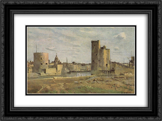 La Rochelle, Harbor Entrance 24x18 Black Ornate Wood Framed Art Print Poster with Double Matting by Corot, Jean Baptiste Camille