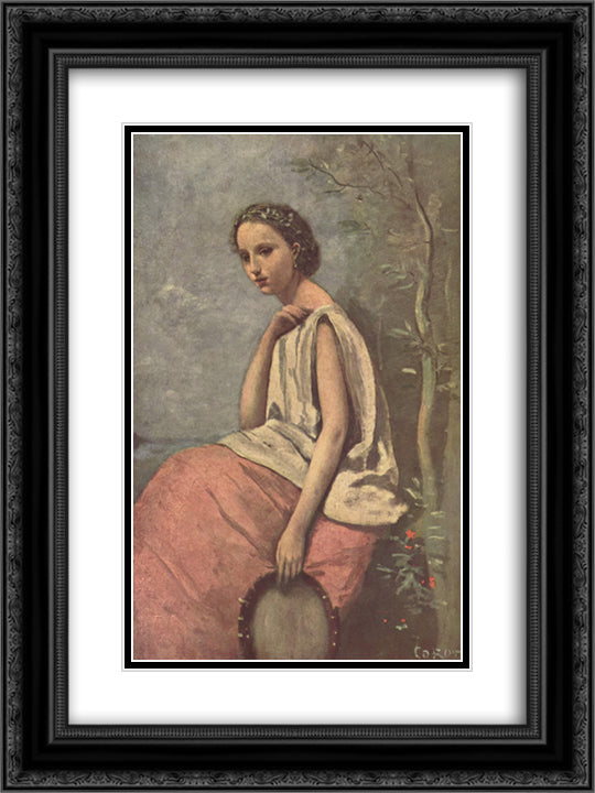 La Zingara 18x24 Black Ornate Wood Framed Art Print Poster with Double Matting by Corot, Jean Baptiste Camille